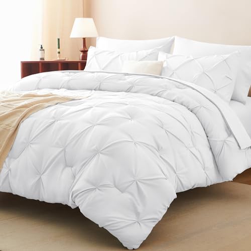 CozyLux Twin Comforter Set with Sheets White, 5 Pieces Pintuck Bed in A Bag, Twin Bed Set Gift for Family, Pinch Pleat Bedding Set with Comforter, Sheets, Pillowcase & Sham CozyLux
