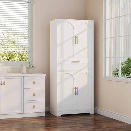 Hzuaneri 71" Kitchen Pantry Storage Cabinet, Tall Storage Cabinet with Adjustable Shelves, 1 Drawer, 4 Doors, Freestanding Cupboards Sideboard for Dining Room, Living Room, Laundry, White PT1 - WoodArtSupply