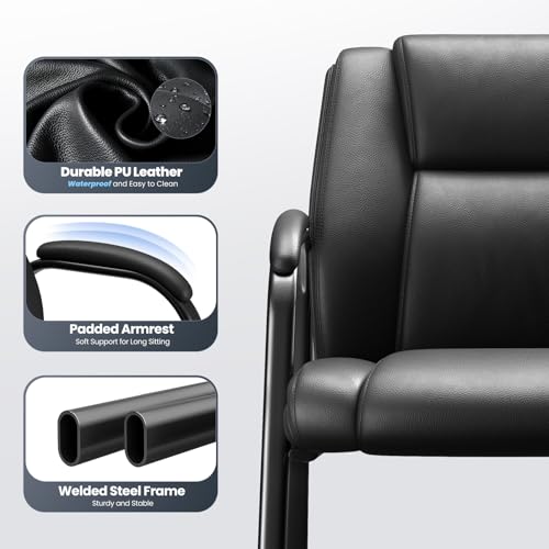 MALOL Office Guest Chair with Armrest, PU Leather Reception Chair for Office & Waiting Room, 250LBS, One-Piece Welded Steel Frame, Sponge Cushion for Long Sitting Comfort – Black,Set of 4