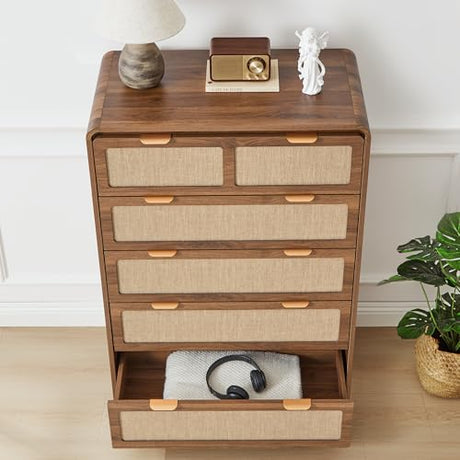 RUSTYER 43" Tall Dresser for Bedroom, 5 Drawer Mid Century Modern Dresser with Natural Linen, Curved Wood Chest of Drawers Closet Clothes Storage Organizer for Living Room, Hallway (Walnut) RUSTYER