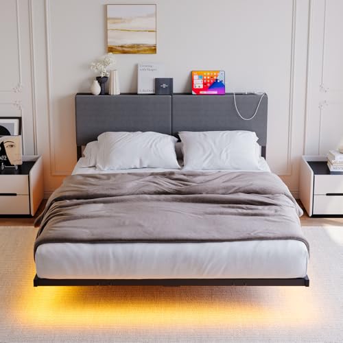 HOMERECOMMEND Floating Bed Frame Queen Size with Storage Headboard and Charging Station, Upholstered Platform Bed with LED Light, Heavy Duty Metal Slats, No Box Spring Needed,Black and Grey HOMERECOMMEND