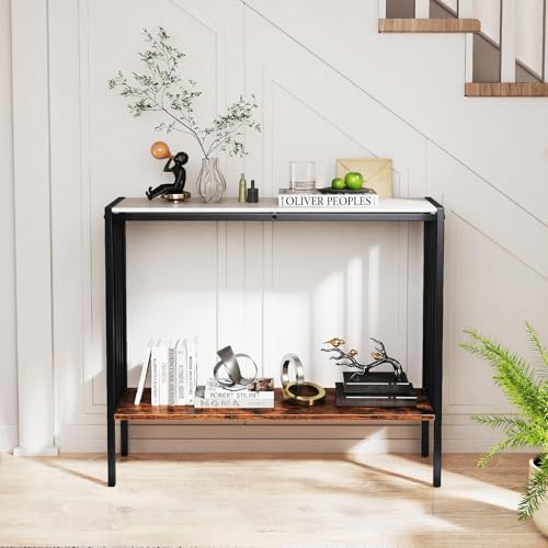 Giantex 36" Narrow Console Table, 2-Tier Industrial Entryway Table with Open Storage Shelves & Metal Frame, Faux Marble Sofa Table Behind Couch for Living Room, Hallway, Foyer, White & Rustic Brown Giantex
