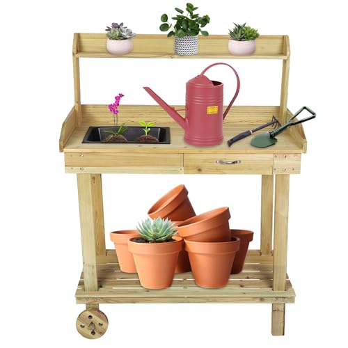 LUCKYERMORE Potting Bench Table Wooden Gardening Plant Workstation Natural Solid Wood Garden Potting Station w/Wheels and Drawer Sink Hook Open Shelf for Outside Patio Lawn Garden, Banco para macetas LUCKYERMORE