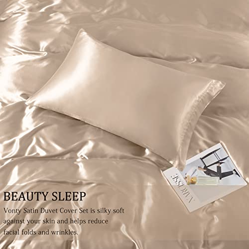 Vonty 3-Piece Silky Satin Duvet Cover Set Full/Queen Size Duvet Cover, Organic Natural 400TC Beige Duvet Cover Set - Luxury & Sexy Bedding Duvet Covers with Zipper Closure(No Comforter) Vonty