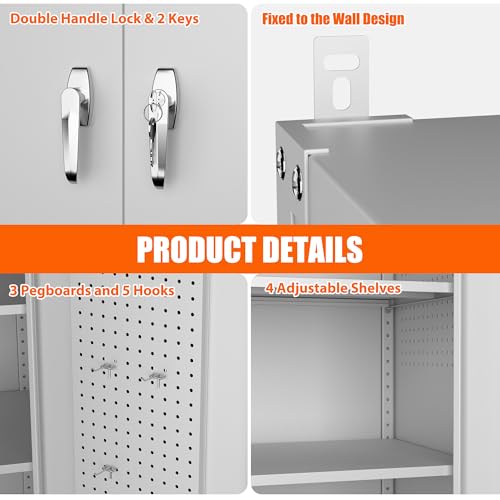 Aobabo Extra Large Garage Storage Cabinet on Wheels, Metal Storage Cabinets with 4 Adjustable Shelves, 3 Pegboards and 2 Tool Pouches for Home Office Stash, Assembly Required Aobabo