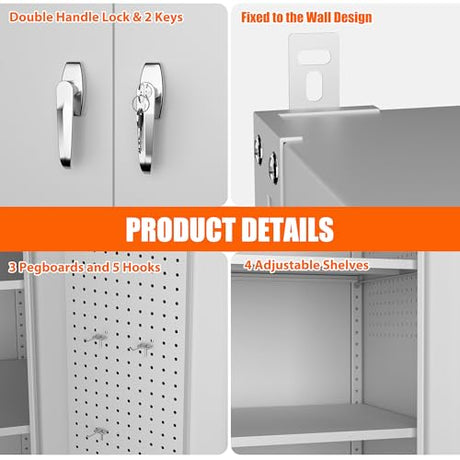 Aobabo Extra Large Garage Storage Cabinet on Wheels, Metal Storage Cabinets with 4 Adjustable Shelves, 3 Pegboards and 2 Tool Pouches for Home Office Stash, Assembly Required Aobabo