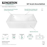 KINGSTON BRASS VTDE603122R 60-Inch Contemporary Alcove Acrylic Bathtub with Right Hand Drain and Overflow Holes, White Kingston Brass