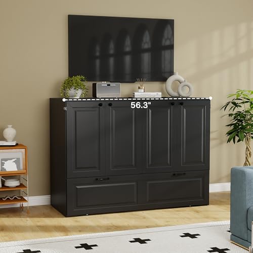 Jotirxe Full Murphy Bed Cabinet: Black Cabinet Bed with Charging Station, Cube Murphy Beds with Drawers, Modern Hidden Beds for Small Spaces, Guest Room and Office Jotirxe