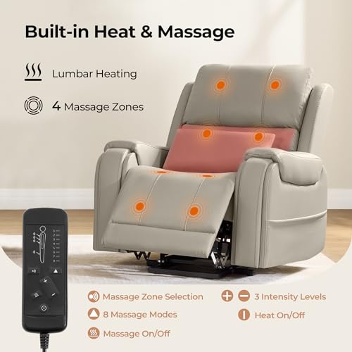 CHITA Power Lift Recliner Chair for Elderly with Heat and Massage, Genuine Leather Electric Lift Chairs with Cup Holder, Removable Lumbar Pillow, 2 Side Pockets, Leather in Gray