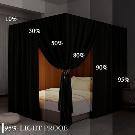 YRDKB Black Canopy Bed Curtains - 4 Corner Post Bed Curtains Queen Lightproof Siamesed Drapes Bed Canopy for Adults & Girls Bedroom Decoration(Black,Queen) YRDKB