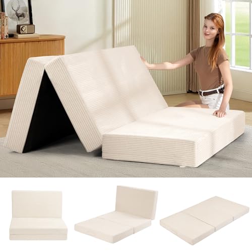 feliz home 6-Inch Tri-Fold Mattress Full Size - Foldable Futon Sofa Bed with Removable Washable Cover, Folding Memory Foam Futon Mattress | Non-Slip Bottom & Carry Handles for Guest, Camping, Dorm feliz home