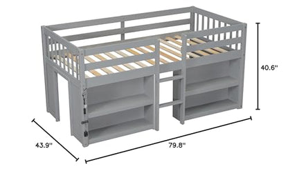 Harper & Bright Designs Low Loft Bed with Storage Shelves and LED Light for Kids, Twin Size, Gray - WoodArtSupply