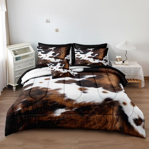 Bedbay Cow Print Comforter Set King Size Animal Skin Bedding 8 Pcs King Bed in a Bag Western Cowhide Rustic Bedding Brown Milk Cow Print Bed Set for All Seasons(Brown,King) Bedbay