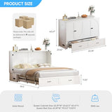 Mjkone Queen Size Murphy Bed Cabinet with Drawers & Tri-Folding Mattress, Modern Multifunctional Guest Chest Cabinet Wall Bed with USB Charging Station for Bedroom Living Room Apartment - White Mjkone