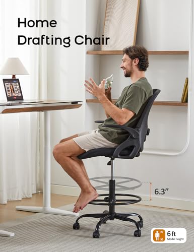 LukkDys Drafting Chair Tall Office Chair with Flip-up Armrests Ergonomic Computer Standing Desk Chair with Comfy Lumbar Support and Adjustable Footrest Ring for Bar Height Desk(White-Green) LukkDys