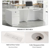 63" L-Shaped Reception Desk with LED Lights and Slatted Grille, Modern Front Desk with Built-in Outlets for Salon, Retail Store,Office,White Checkout Counter with Dimmable Switch,Reception Counter Laxodor