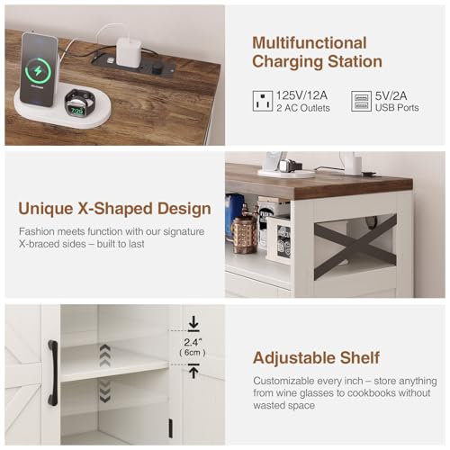 Befrases Farmhouse Sideboard Buffet Cabinet, Barn Doors Storage Cabinet with Drawers and Open Shelf, 47.2'' Wood Coffee Bar Microwave Station for Kitchen, Living Room, Hallway, White Befrases