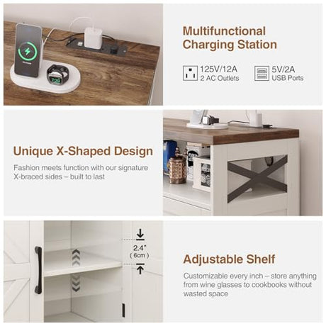 Befrases Farmhouse Sideboard Buffet Cabinet, Barn Doors Storage Cabinet with Drawers and Open Shelf, 47.2'' Wood Coffee Bar Microwave Station for Kitchen, Living Room, Hallway, White Befrases