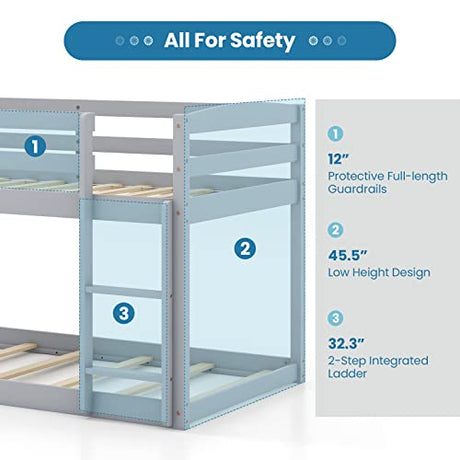 KOMFOTT Low Bunk Bed Twin Over Twin, Solid Wood Bunk Bed Frame with Built-in Ladder & Safety Guardrails, Space-Saving Low Bunk Bed for Kids, Teens, No Box Spring Needed KOMFOTT