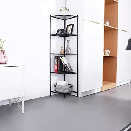 Kimzda 5-Tier Corner Shelf Stand Metal Wire Corner Shelving Display Unit Storage Furniture Multipurpose Space Saving Storage Rack for Living Room, Office, Kitchen, Black KIMZDA