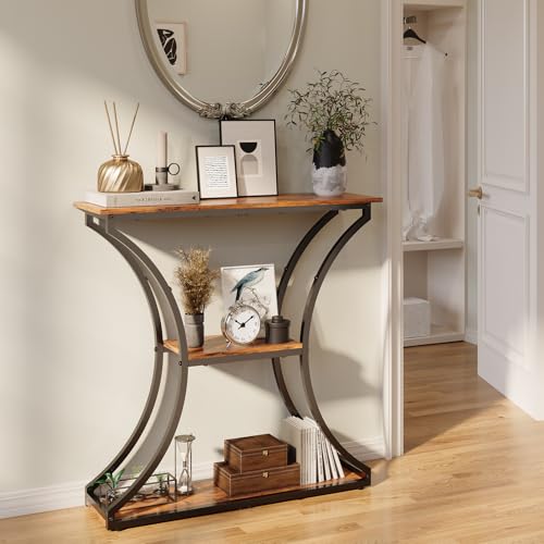 HavenlyYouth Narrow Console Table for Entryway, Industrial 3-Tier Sofa Table Behind Couch, 29.5" Height TV Stand with Storage Shelves for Living Room, Hallway, Entrance, Foyer, Rustic Brown HavenlyYouth