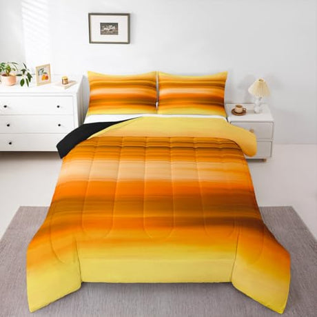 jejeloiu Yellow Comforter Gradient Yellow Orange Bedding Set Modern Design Comforter Set for Boys Girls Children Teens Bedroom Decor Minimalist Lines Duvet Set Full Size jejeloiu