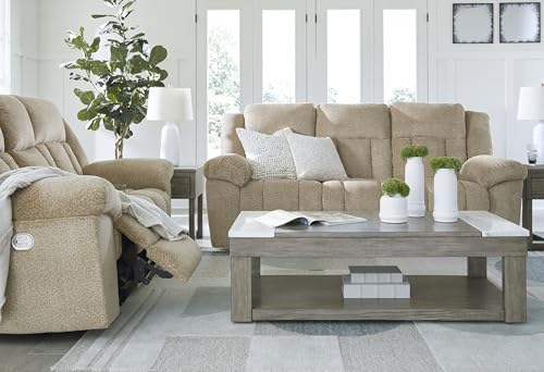 Signature Design by Ashley Tip-Off Classic Wall Hugger Power Reclining Sofa with Adjustable Headrest and USB Ports, Light Brown Signature Design by Ashley