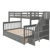 MERITLINE Grey Twin Over Full Bunk Bed with Stairs, Storage Drawers, and Safety Features MERITLINE