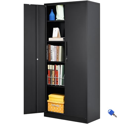 VEVOR Steel Locking Storage 2 Magnetic Doors and 4 Adjustable Shelves, 71'' Metal Cabinet 200 lbs Capacity per Shelf with 3 Keys, for Office, Home, Garage, Black - WoodArtSupply