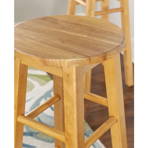 PJ Wood 29 Inch Tall Classic Round Seat Kitchen Counter Bar Stools 2 Pack with 4 Square Legs for Homes, Dining Spaces, and Bars, Natural - WoodArtSupply