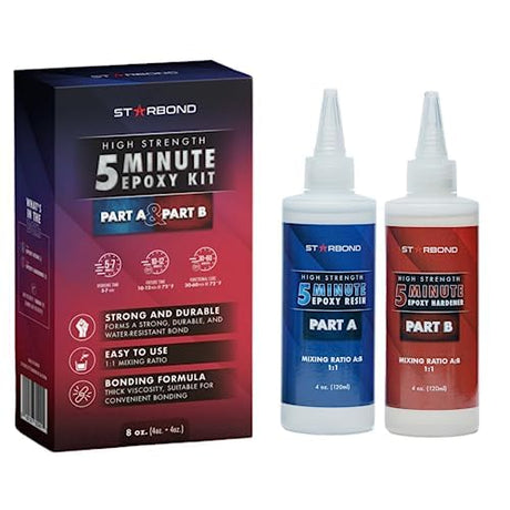 Starbond 5 Minute Epoxy Adhesive - Super Tough and Durable - 1900 lb Lap Shear Strength, 1:1 Ratio Instant Mix — Fast Set, Quick Cure, Compatible with Wood, Metal, Glass, Ceramic, Fabric, 8 oz STARBOND
