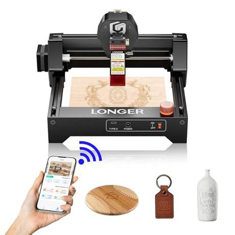 LONGER Ray5 mini Laser Engraver, 12000mm/min High-Speed Cutter for Wood, Metal, Acrylic, Leather, DIY CNC, 140x130mm Engraving Area, WiFi, Emergency Stop Safety (2.5W)，Laser Class2 Longer