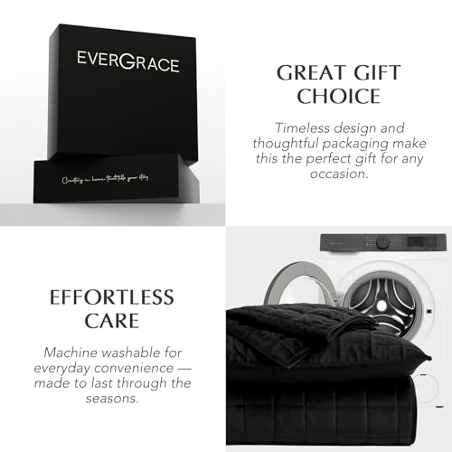 EVERGRACE Pearl Velvet Quilt Full Queen Size Bedding Sets, Luxurious Soft Velvet Comforter Set, Lightweight Box Stitching Oversized Bedspread Coverlet for All Season, with 2 Shams, Black EVERGRACEHOME