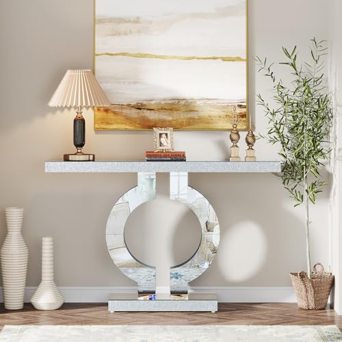 Tribesigns Modern Mirrored Console Table, Glass Sofa Table with Mirror Finish, 43-Inch Entryway Table with O-Shaped Base, Rectangular Accent Foyer Table for Living Room Hallway Entrance (Silver) Tribesigns