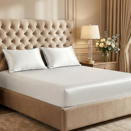 Thmyo 3-Piece Satin Bedding Set,Satin Fitted Sheet with Pillowcases,Soft Comfort Hypoallergenic Breathable Bedding Set (1 Fitted Sheet+2 Pillowcases) (White, Full) Thmyo