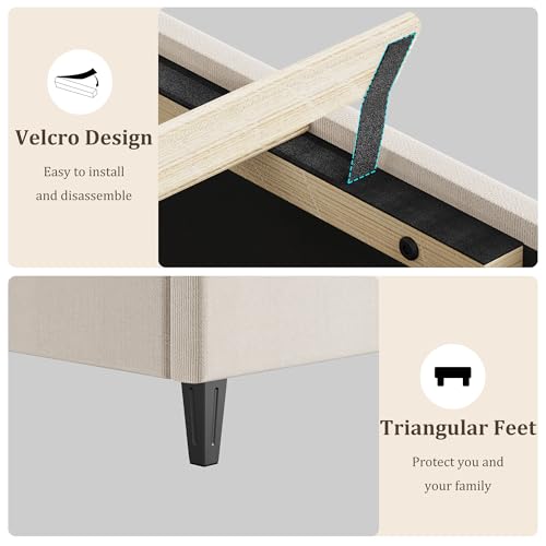 GAOMON Beige Twin Upholstered Bed Frame, Heavy-Duty Platform Bed Frame with Upholstered Headboard & Strong Wood Slats, No Box Spring Needed/Noise Free/Easy Assembly GAOMON