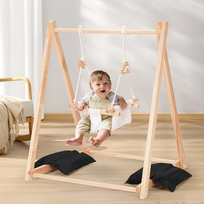 Wooden Swing Set for Toddler 6-36 Month, Foldable Baby Swing with Stand & 2 Sandbags, Kid Swing for Indoor Outdoor Backyard, Pine Wood - WoodArtSupply