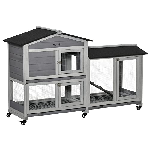 PawHut 62" Rabbit Hutch, Wooden Bunny Hutch, Guinea Pig Cage, Small Animal Enclosure with Wheels, Run Area, Removable Tray, Asphalt Roof, Lockable Doors and Ramp, Gray - WoodArtSupply