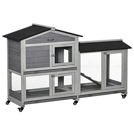 PawHut 62" Rabbit Hutch, Wooden Bunny Hutch, Guinea Pig Cage, Small Animal Enclosure with Wheels, Run Area, Removable Tray, Asphalt Roof, Lockable Doors and Ramp, Gray PawHut