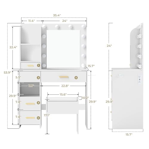 Furnivado Vanity Desk with Mirror and Lights, 3 Adjustable Lighting Makeup Vanity Desk with 3 Storage Shelves, 5 Large Drawers and Power Outlet, Vanity with Chair for Bedroom, White Furnivado