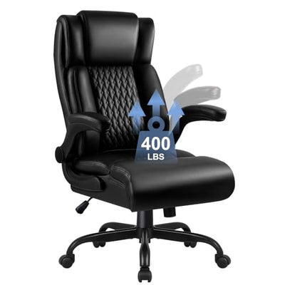 VENDORZ Big and Tall Office Chair, Ergonomic Leather Office Computer Desk Chair, Black Heavy Duty Office Chair with Flip-up Armrest, Comfortable High Back Home Chair 400 LBS with Lumbar Support