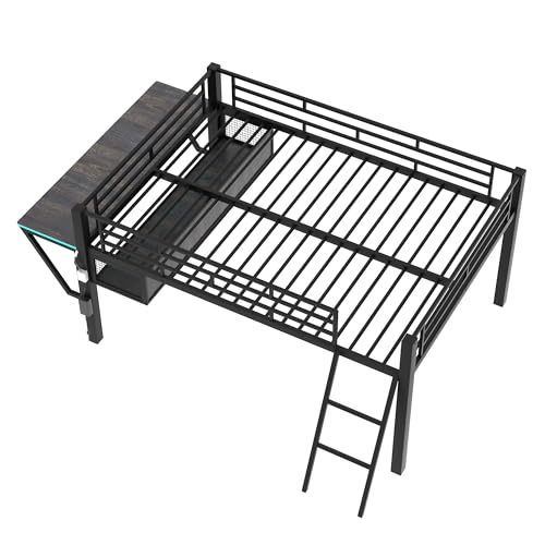 Urunqi Full Size Metal Loft Bed with Integrated Gaming Desk and Storage Solutions for Kids and Teens - WoodArtSupply