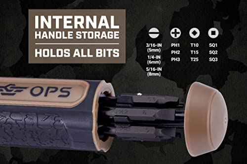 Spec Ops Tools Ratcheting Screwdriver, 12-in-1, Includes 6 Double-Sided S2 Steel Bits, Magnetic, Cr-Mo Steel Shaft, 3% Donated to Veterans Flat Dark Earth/Black - WoodArtSupply