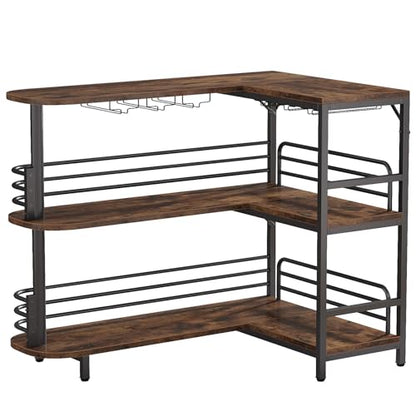 Tribesigns Rustic Brown L-Shaped Home Bar Unit with 3 Tiers and Wine Glass Holder - WoodArtSupply