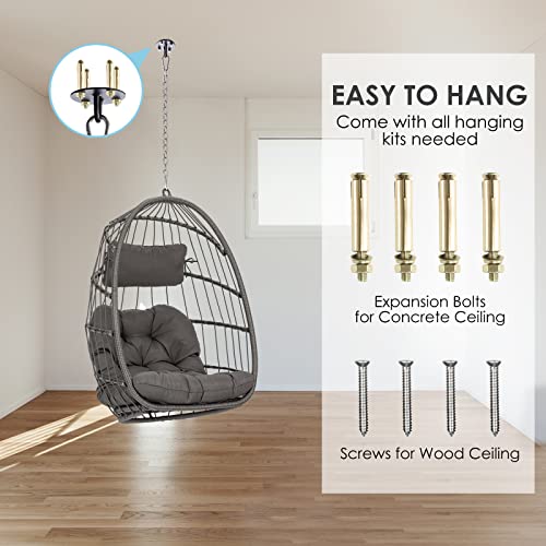 Brafab Wicker Rattan Hammock Egg Hanging Chair with Chain, Rusty Resistant Aluminum Frame and UV Cushion, Indoor Outdoor Bedroom Patio Porch Folding Camping Chair(Without Stand)