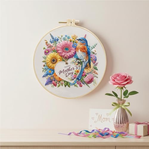 DIYDeligths Embroidery Kit for Beginners and Adults Mother's Day DIY Hand Cross Stitch Needlepoint Set with 7.87in/20cm Round Hoop (Bird)