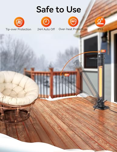 VAGKRI Outdoor Heaters, 1s Heating Carbon Infrared Patio Heaters With Remote, 9 Heat Levels, 24H Timer, IPX5 Waterproof, 42in Electric Space Heaters for Home, Office, Restaurant, Patio, and Garage VAGKRI
