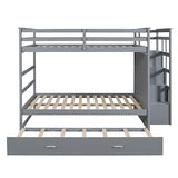 Full Over Full Bunk Bed with Trundle & Drawers & Storage Staircase,Wooden Full Triple Bunk Bed Frame with Full-Length Safety Guardrails and Headboard for Kids Teens Bedroom,Wood Slat Support,Gray Harper & Bright Designs