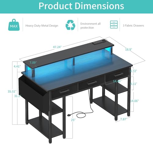 Lufeiya Gaming Desk with Led Lights and Power Outlets, 47 Inch Home Office Desk with Monitor Stand & Shelves, Writing Study Computer Desks with Fabric Drawers for Bedroom, Black Lufeiya