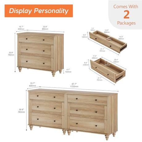 WAMPAT Dresser for Bedroom with 6 Drawers, Oak Kids Dressers with Wide Chest of Drawers, Mid Century Modern Wooden Closet Storage Organizer, Large Wood Dressers for Living Room, Nursery, Hallway WAMPAT